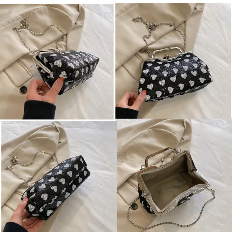 Bolso de mano de noche con lentejuelas doradas para mujer, cartera de mano con cadena, bolso de hombro pequeño para fiesta con asa de Metal