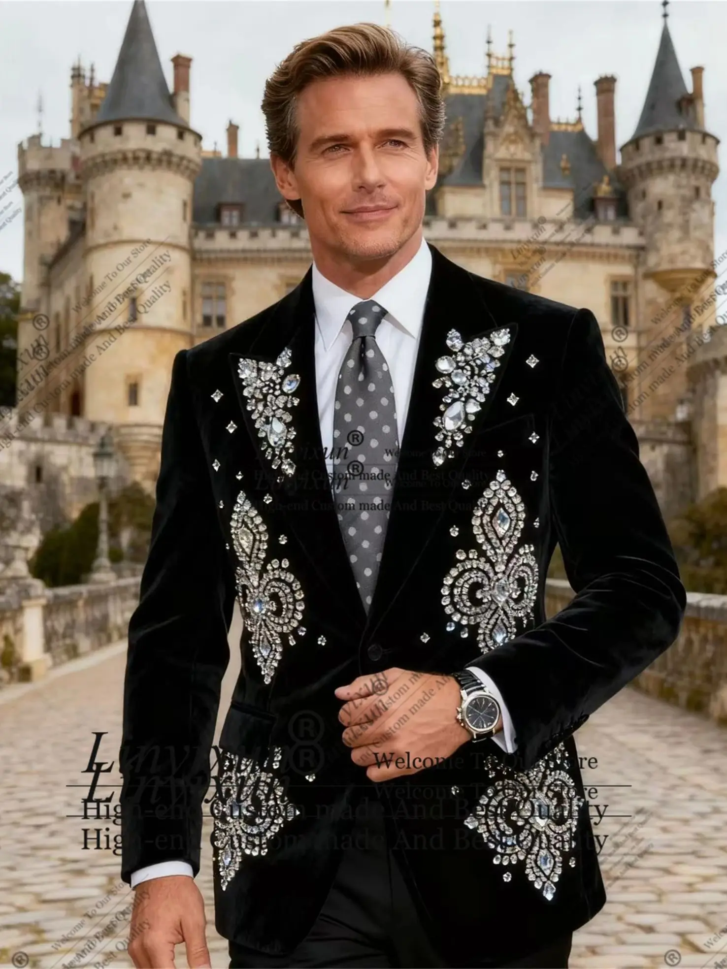

Handsome Rhinestones Crystals Men Suits Formal Wedding Tuxedos Slim Fit Ropa hombre Customized 2 Pieces Sets Groom Male Blazers