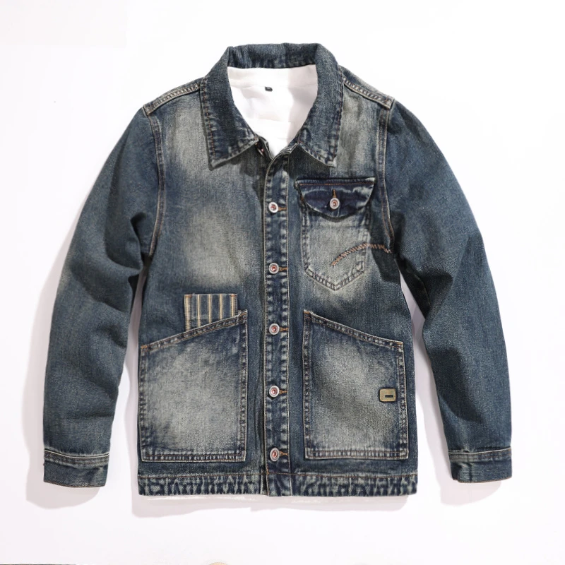 

Large Pockets Cargo Denim Jacket for Men Spring Autumn Retro American Utility Jacket Trendy Casual Denim Jeans Coat