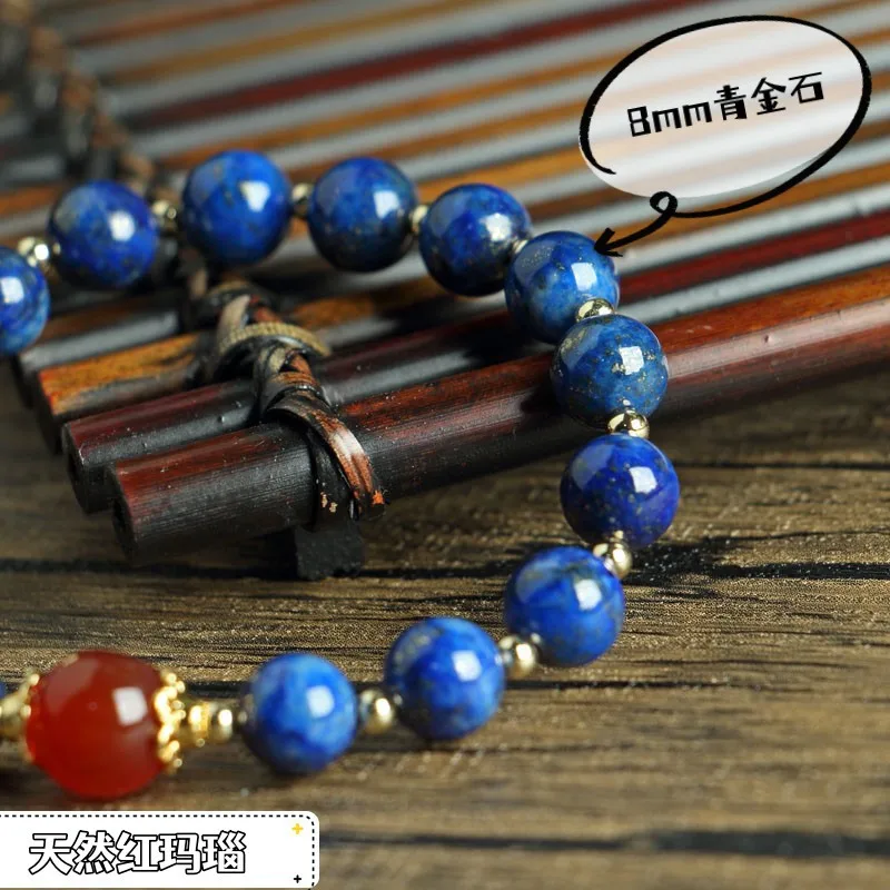 Lapis Lazuli Women's Bracelet with Red Agate Beads and Gold Pixiu, Unique Design DIY Jade Bead String