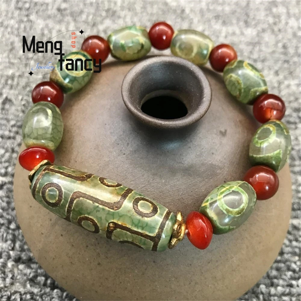 Agate Nine Eyed Dzi Bead Bracelet Natural Jade Fine Jewelry Charm Fashion Luxury Amulet Mascot Men Women Souvenir Holiday Gift