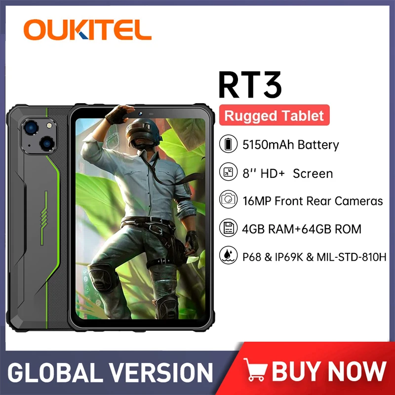 تابلت Oukitel RT3 صغير مقاوم للماء مقاس 8 بوصة وذاكرة وصول عشوائي 4 جيجابايت وذاكرة قراءة فقط 64 جيجابايت يعمل بنظام الأندرويد بطارية 5150 مللي أمبير في الساعة كمبيوتر لوحي صناعي وكاميرا بدقة 16 ميجابكسل