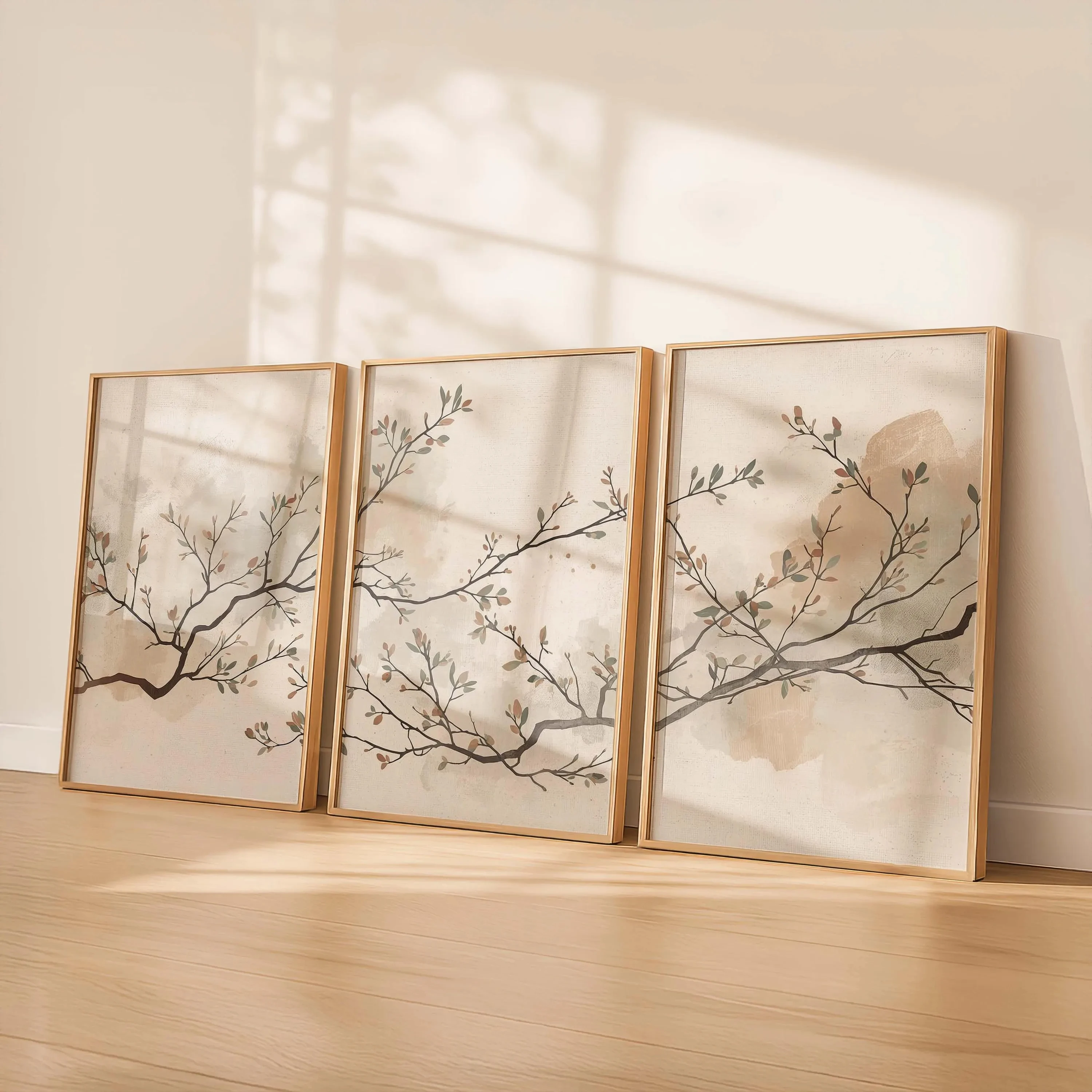 (3PCS Unframe)Neutral Botanical Wall Art Set of 3,Japandi Triptych Wall Art,Minimalist Japanese Scandinavian Decor, Beige Taupe