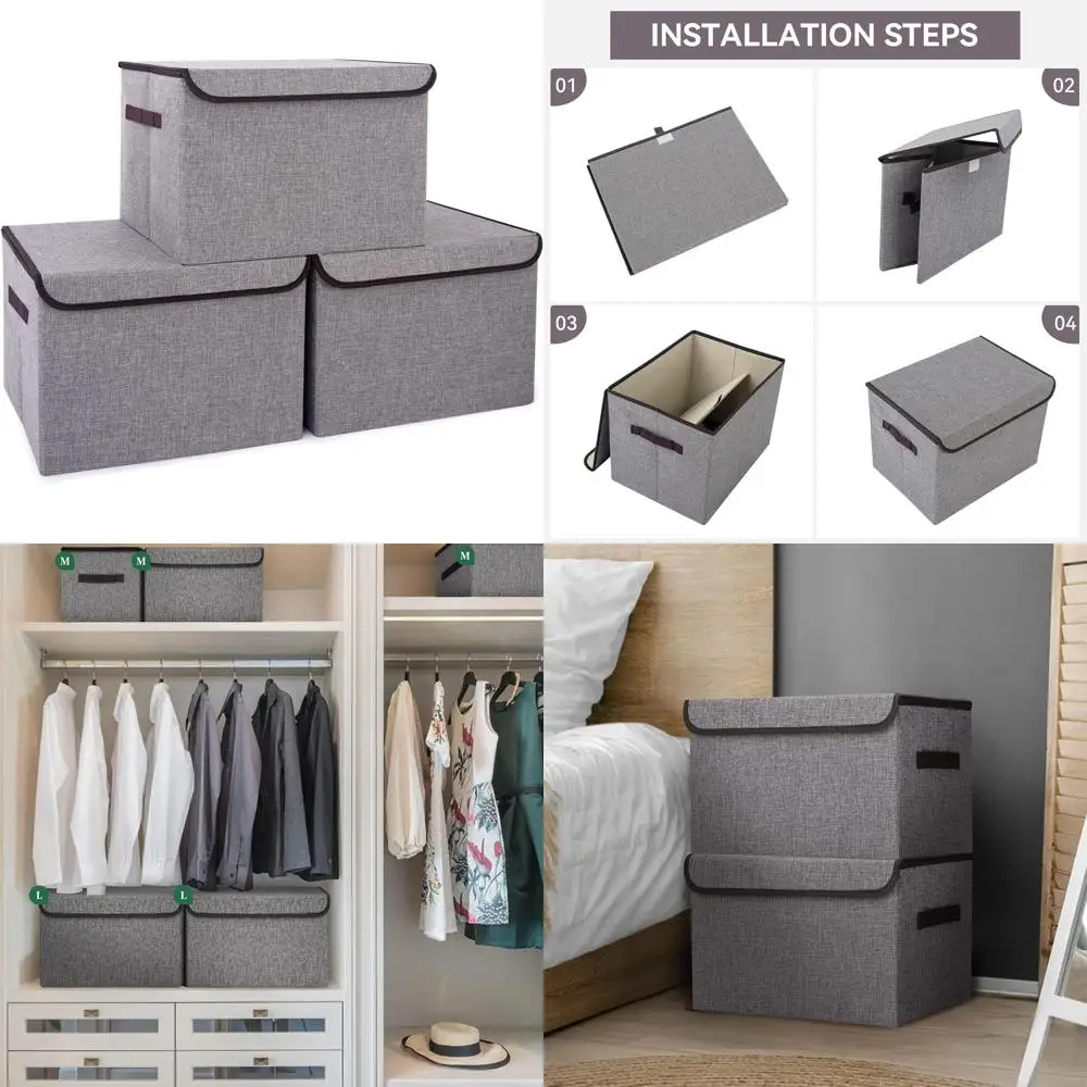 

17 42-Quart Collapsible Storage Cubes with Lids, 3-Pack, Gray Fabric Linen Boxes for Closet Organization