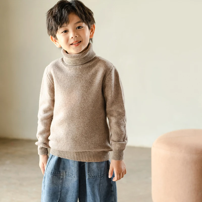 Autumn Winter 100% Merino Wool Sweater Turtleneck Solid Color Long‑Sleeve Kids' Knit Pullover Soft Skin‑Friendly Warm Knitwear