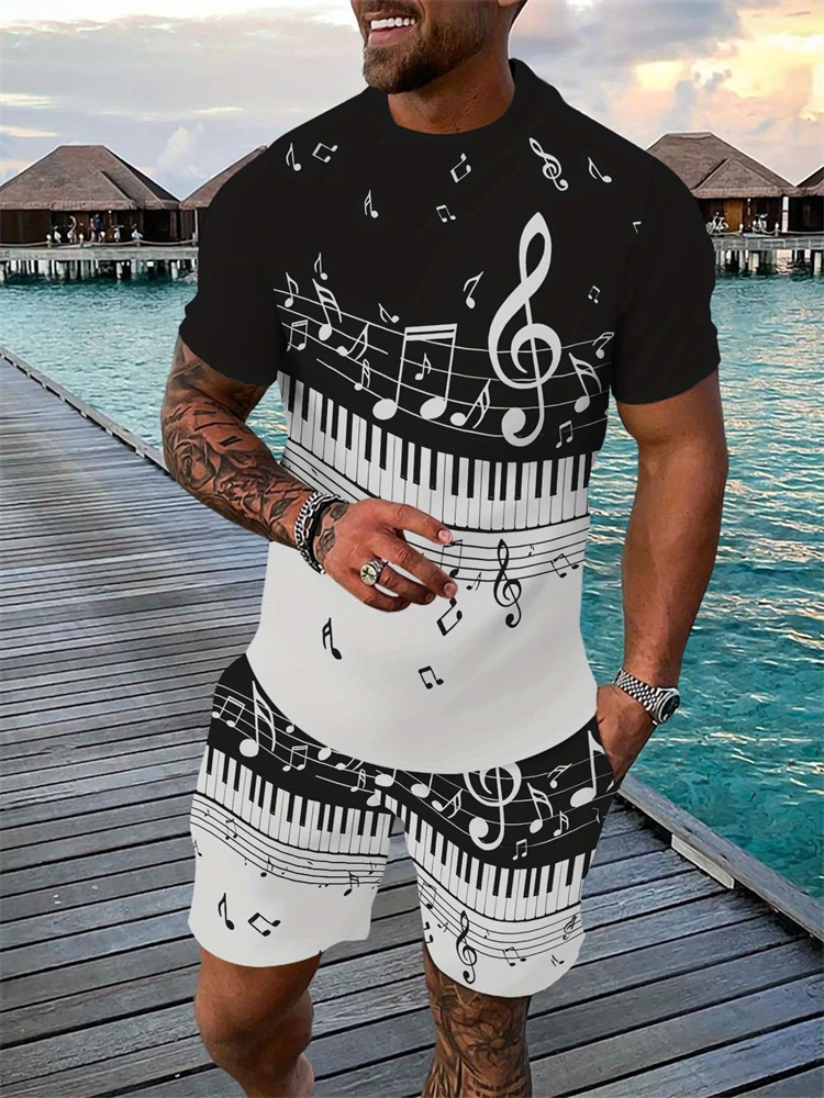 

New Summer Men's Two-piece Set With Music Note Pattern Round Neck Short Sleeve And Shorts Outfit Fashionable Streetwear