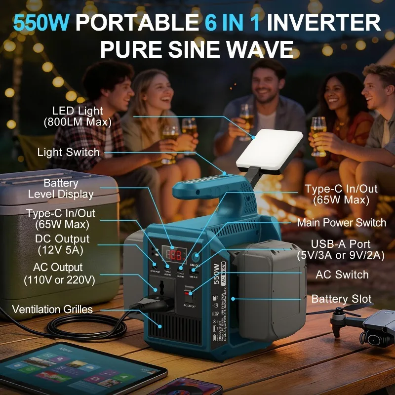 Инвертор мощностью 550 Вт, преобразующий DC 18V в AC 110V/220V для аккумуляторных станций Makita 18V, для зарядки на ули