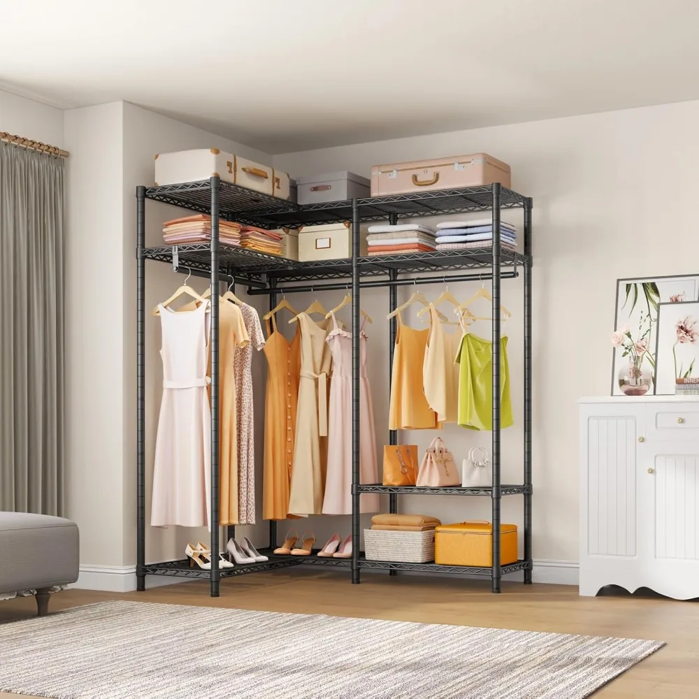 

Sturdy L-Shaped Corner Closet System with Adjustable Shelves and Hanging Bars