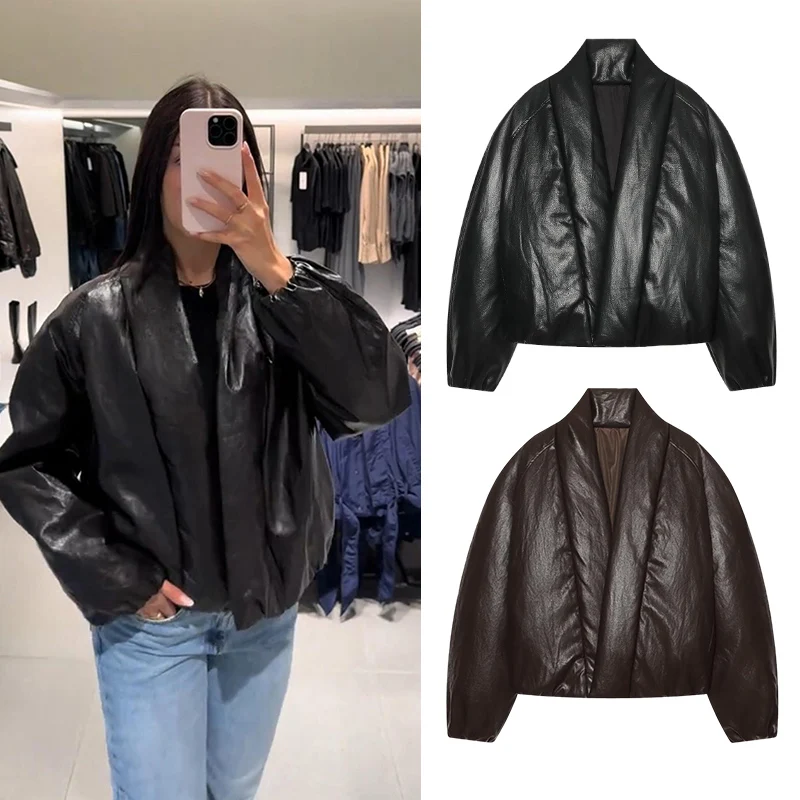 Women Faux Leather Padded Jacket Collarless Open Front Warm Cotton Coat Oversize Loose Fit Short Bomber Winter Streetwear