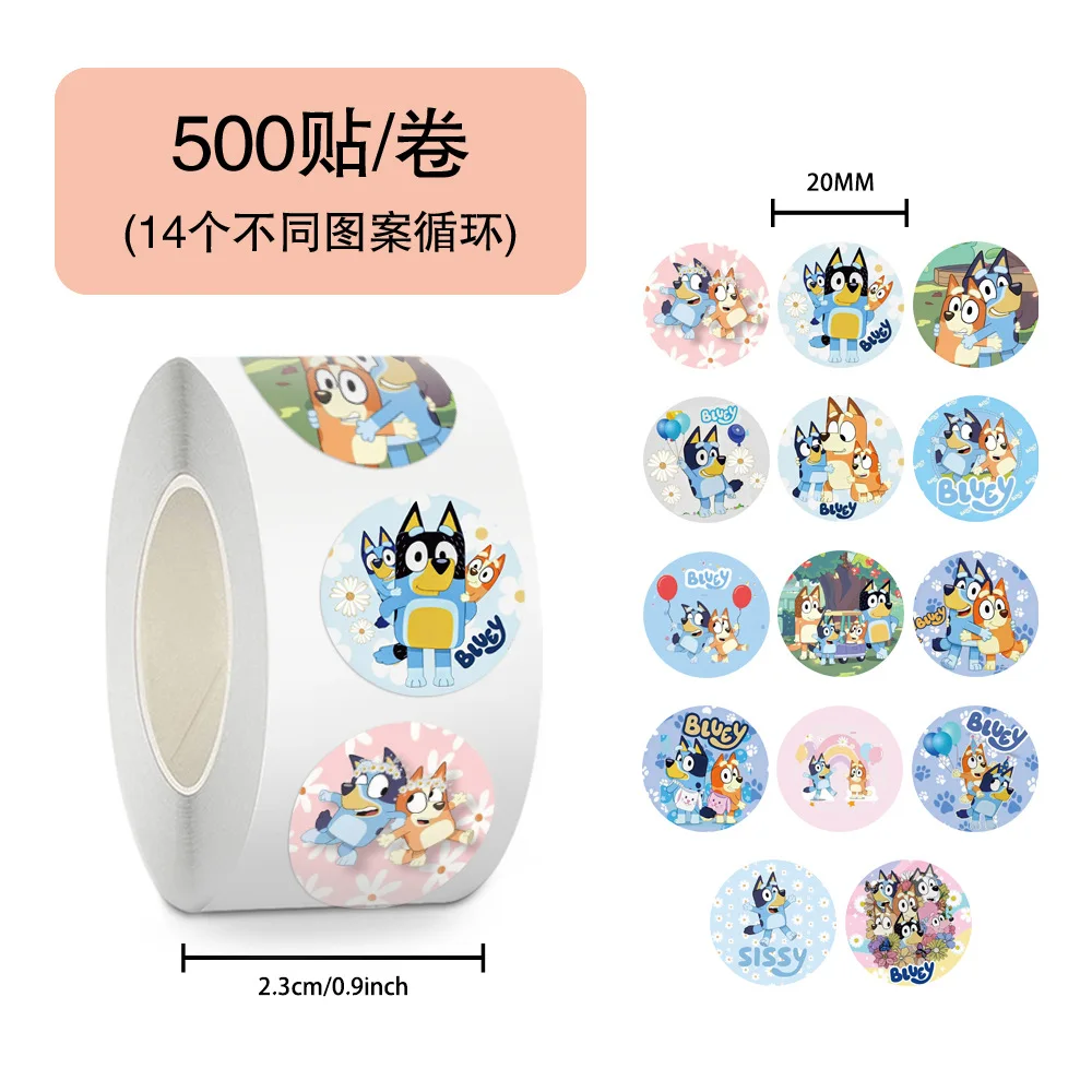 500 Piezas/Rollo de Pegatinas de Dibujos Animados de Bluey, Pegatinas Decorativas para Patinetas, Computadoras Portátiles, Guitarras, Teléfonos, Etiquetas Adhesivas, Juguetes, Regalos