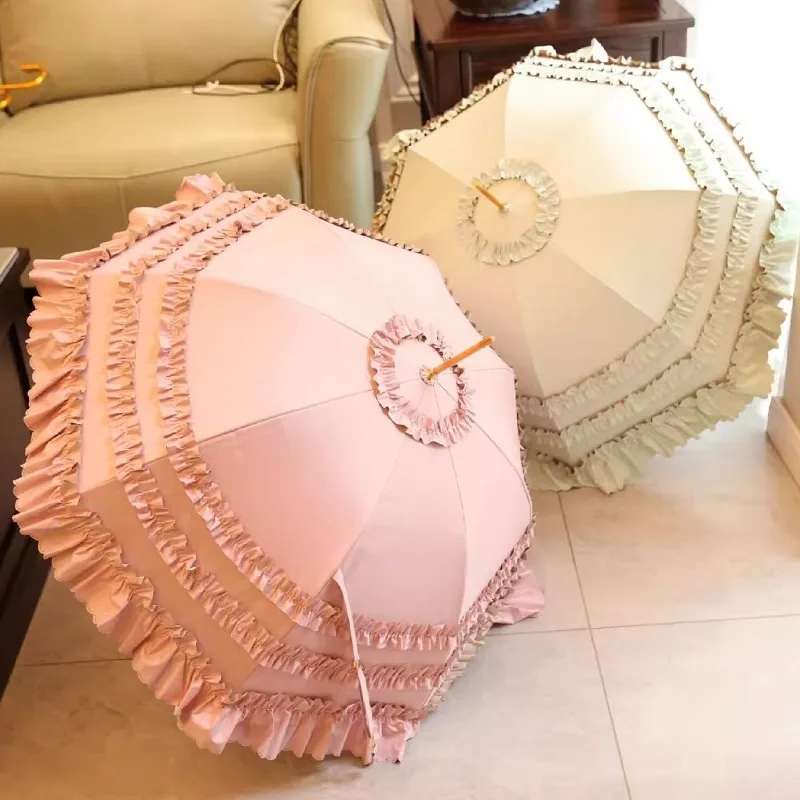 

Полуавтоматические однотонные зонты с металлическим столбом, многоуровневые зонты в стиле Лолиты с длинной ручкой и рюшами, модный реквизит принцессы для стрельбы