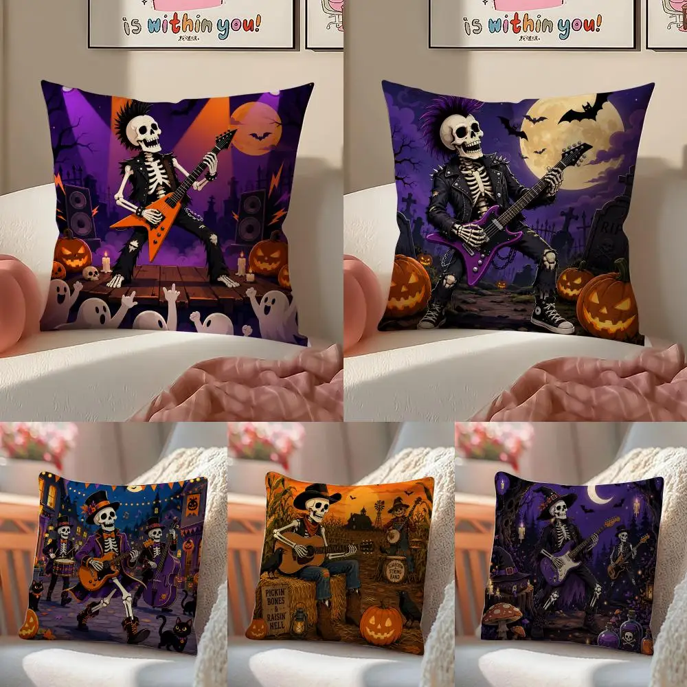 Halloween Skeleton Playing Guitar Cushion Cover Pillowcase Short Plush Invisible zipper Room Sofa Cushion Cover