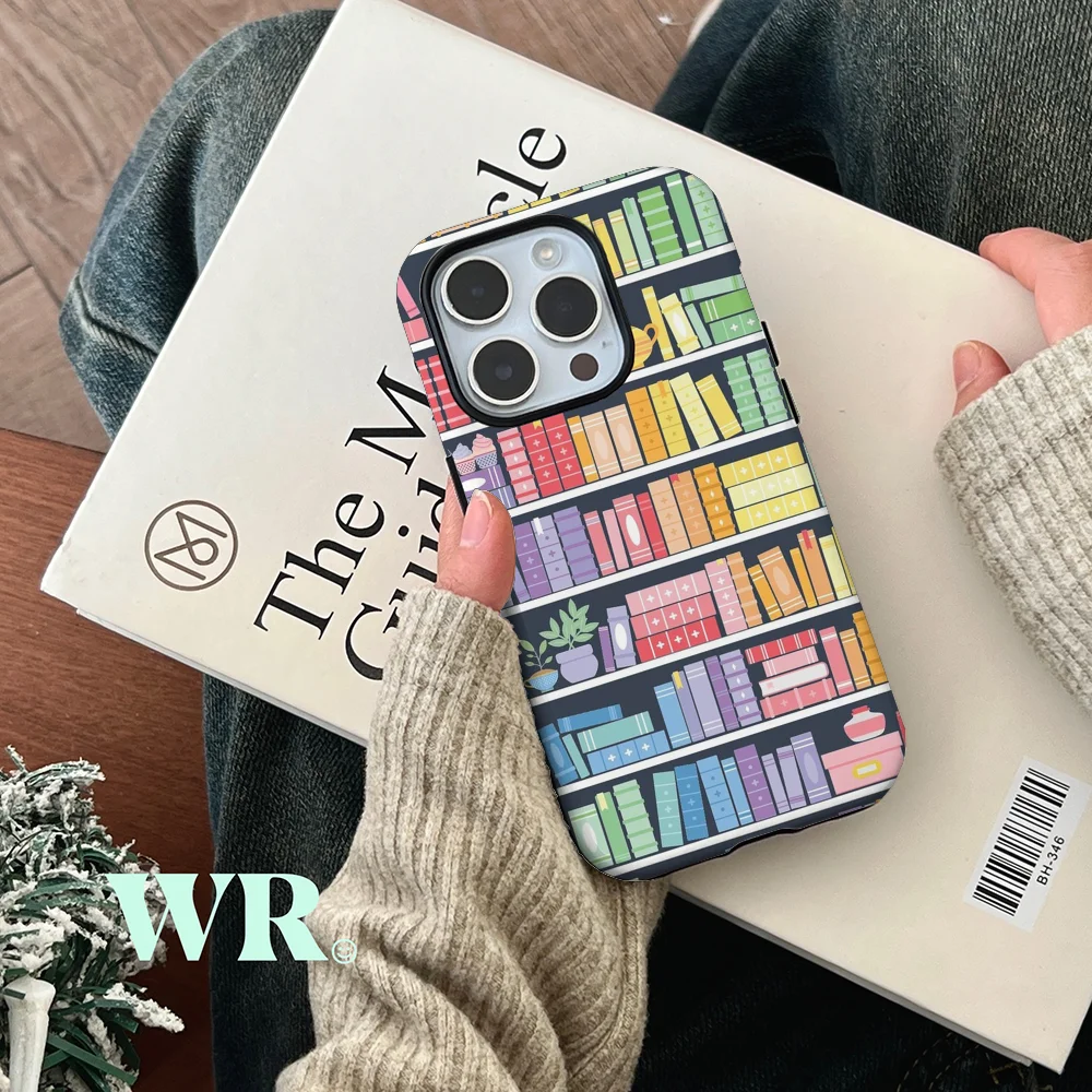 Rainbow Books Shelf Pattern (Black Background) Phone Cases Film Shell For IPhone 16 15 14 13 12 11 Pro Max Plus