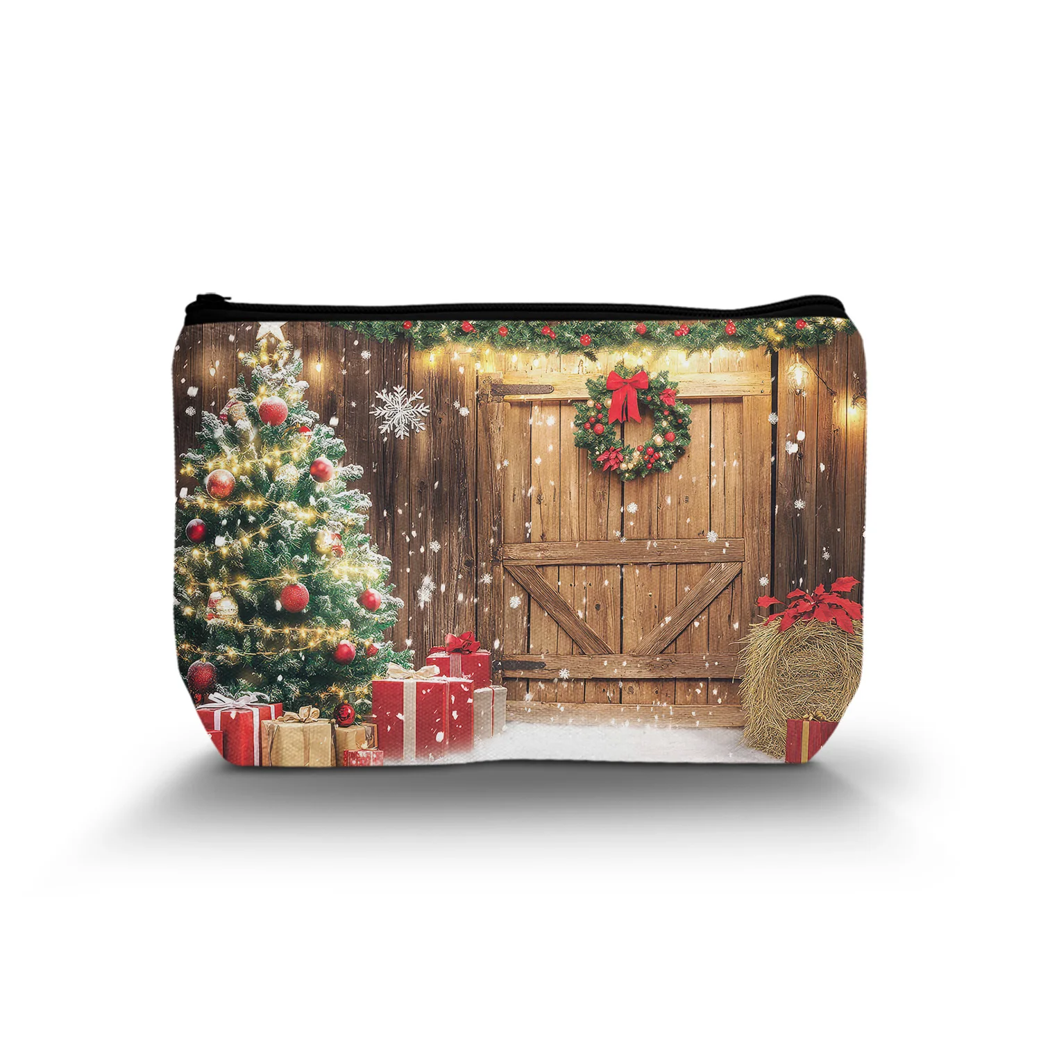 1Pc Cosmetic Bag Xmas Tree Snow Winter Rustic Christmas Barn Wood Door Holiday Family Party Supplies Gift Cosmetic Bag