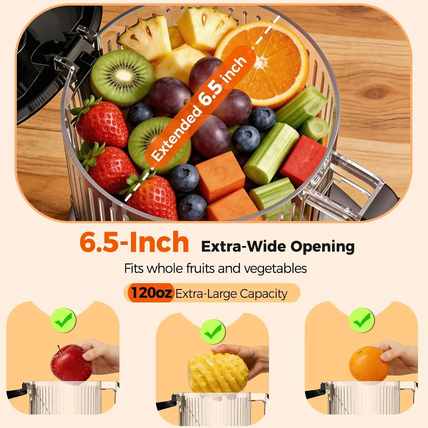 Automatic Cold Press Juicer with Extra-Wide Chute for Whole Produce, No Pre-Cutting Required