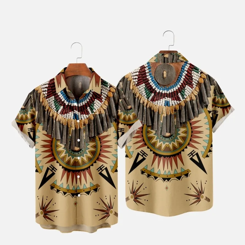 Men's Fashion Summer T-Shirts Hawaiian Indians 3d Print Cozy Casual One Button Shirts Short Sleeve Beach Oversized Shirts 12