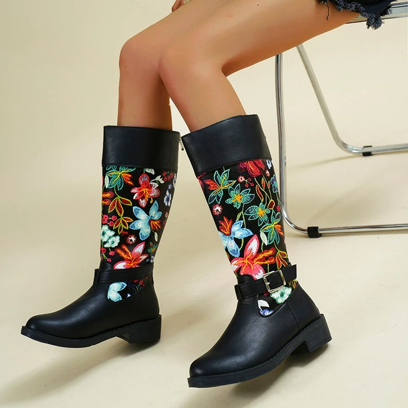 Leather Embroidered Long Boots Women Autumn Winter European American Fashion Waterproof High Barrel Boots Travel Leisure Shoes