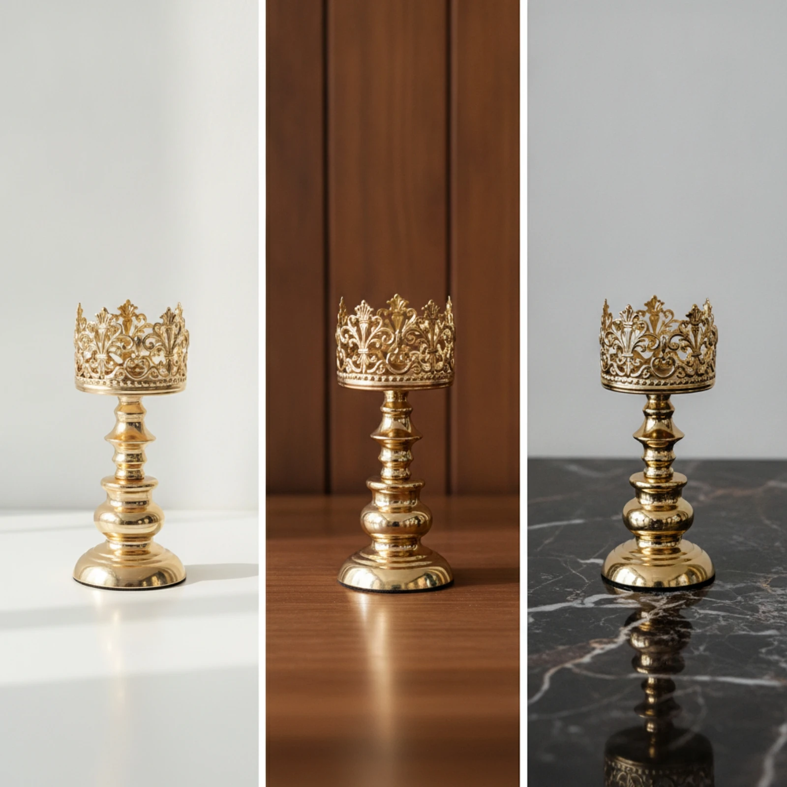 Candle Holder with Crown Rim Gold-Tone Candle Holder with Hollow Crown Pedestal Candlestick Polished Candlesticks Tabletop