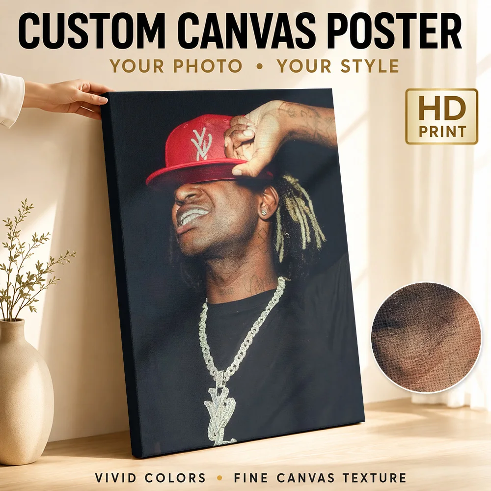 Hip Hop Artist Featuring Red Cap Canvas Print Poster Bold Style Wall Decor With Personalized Photo For Bedroom Ideal Fan Gift