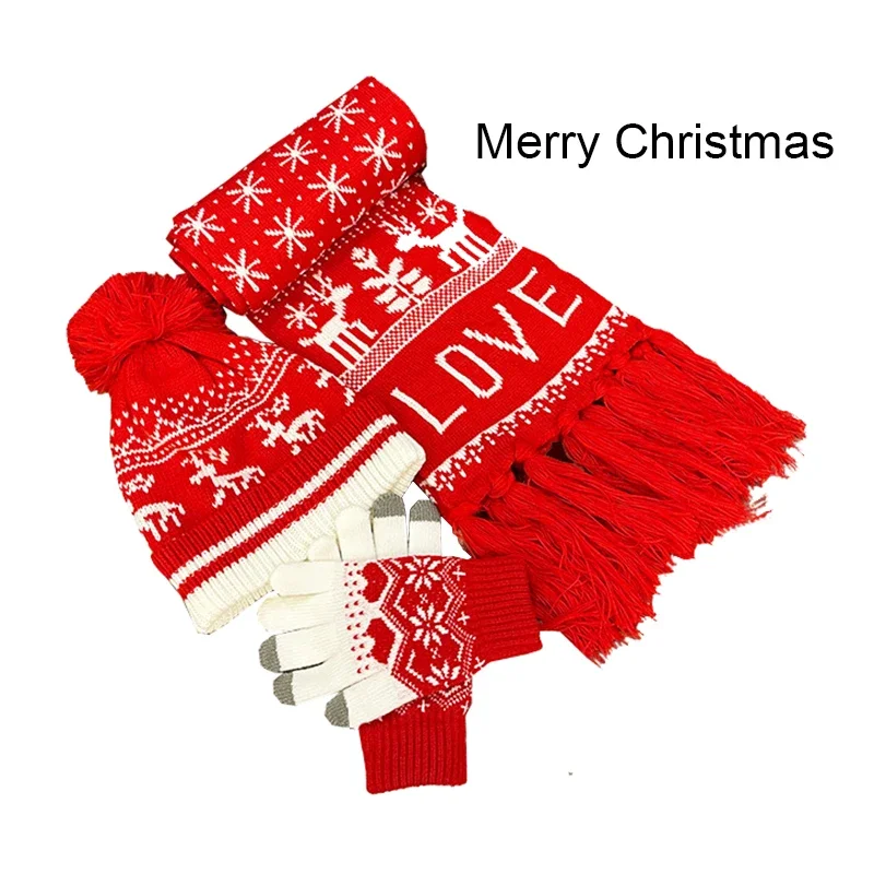 3 Pieces Women Winter Keep Warm Set Thicken Soft Gloves Scarf Christmas Snowflake Elk Jacquard Hat Snow Design Neckerchief