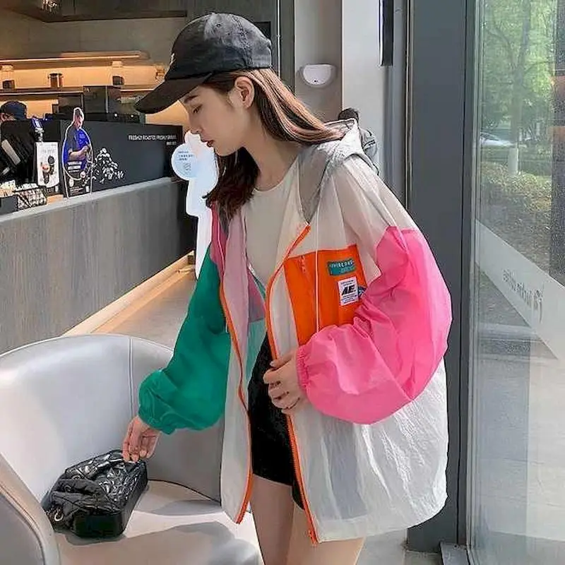 

Sunscreen Jackets Women Summer Trendy Lace Stitching Fashion Thin Cardigan Coat Breathable Mid-length Loose Tops Womens Clothing