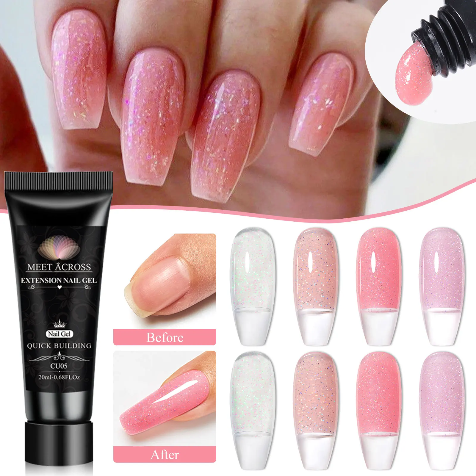 طقم جل تمديد أظافر أكريليك مكون من 12 قطعة، معطف علوي أساسي، حل منزلق وأدوات أظافر تحتوي على، طلاء نقع بالأشعة فوق البنفسجية LED للتقليم #1
