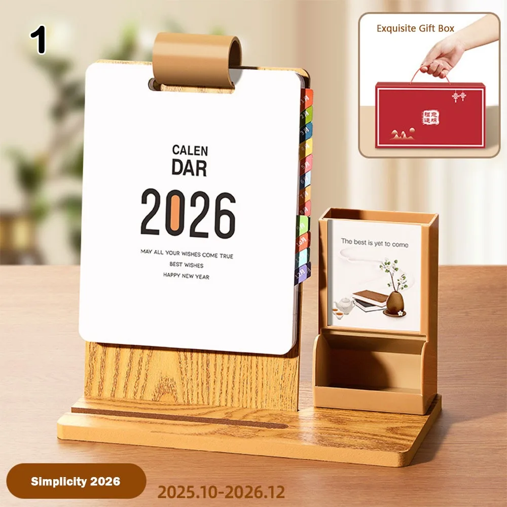 

Настольный календарь Year of the Horse 2026, студенческие канцелярские принадлежности с держателем для ручек, декоративная подарочная коробка, деревянное украшение для рабочего стола
