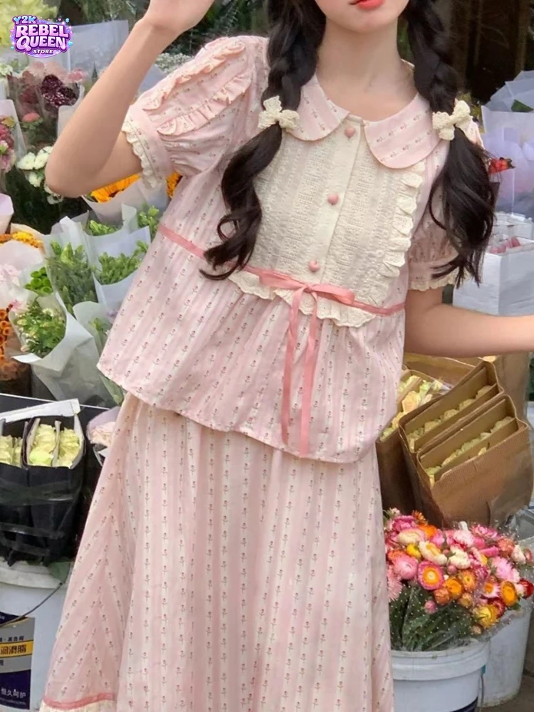 

Japanese Sweet Cute Two Piece Set Women Loose Doll Collar Puff Sleeve Lace Top + High Waist Skirt Summer Gentle Fashion Outfit