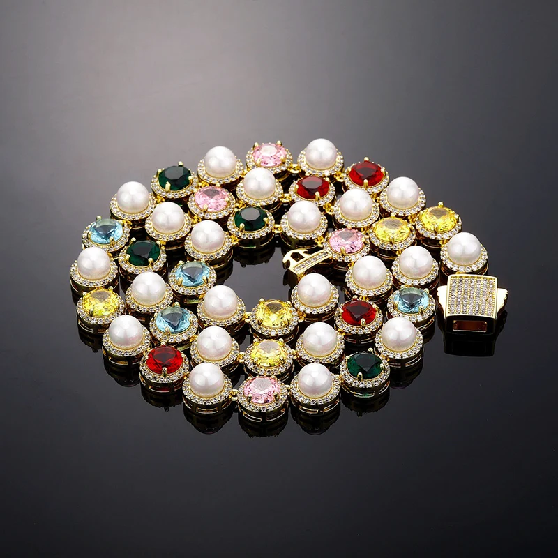 

Цепочка-колье в стиле хип-хоп с цветными цирконами и жемчугом, инкрустированная стразами, круглая, с фианитами, для женщин, мужчин, унисекс, в стиле рэперских украшений