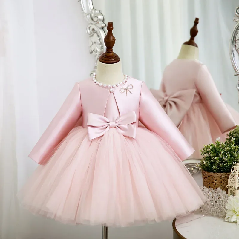 Spring Autumn Baby Girl Dress Round Collar Pink Sleeveless Princess Dresses+Long Sleeves Coat Party Wedding Formal Clothes E6000