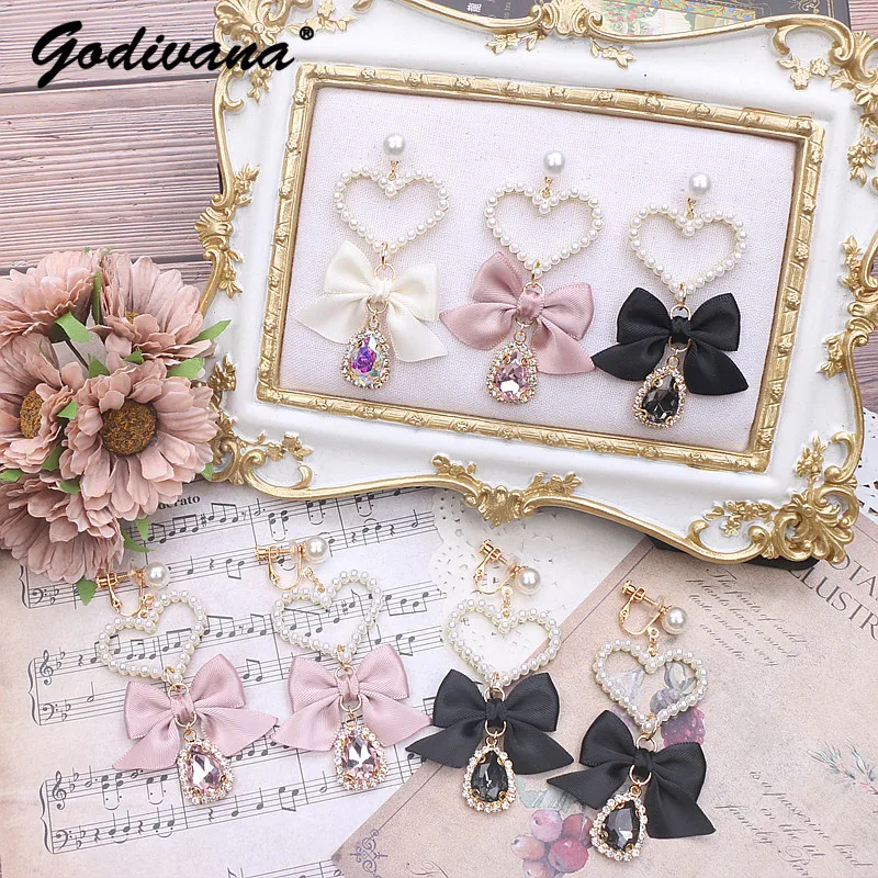 Handmade Japanese Sweet Cute Lady Big Bow Water Drop Earings Rhinestone Pendant Heart Pearl Earrings Accessories for Women