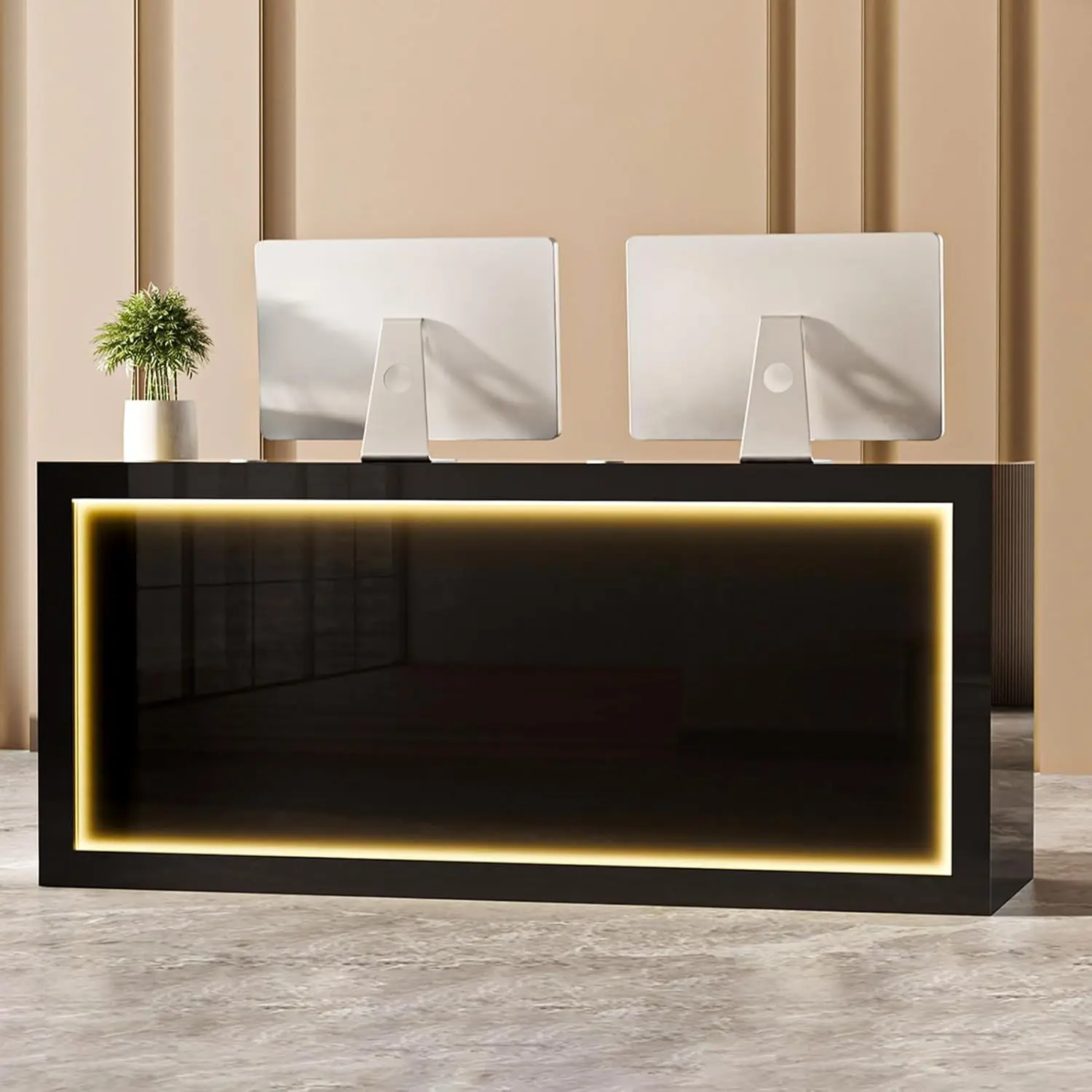 Black Reception Desk with Counter, Modern Solid Wood Front Reception Room Table Secretary Desk, Retail Counter for Checkout.