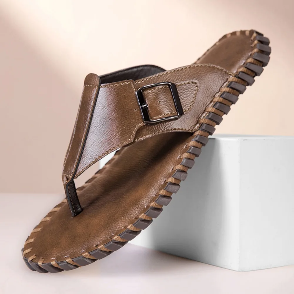 

Men's Microfiber Leather Buckle Flip Flops, Hand Stitched Non-Slip Soft Sole Summer Sandals