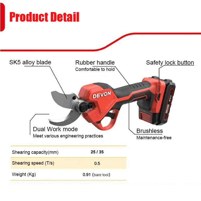 Devon Cordless Electric Pruners Brushless 8305 20v SK5 Alloy Blade Adjust Cut Diameter 35/25mm Against Accidental Cuts Fingers