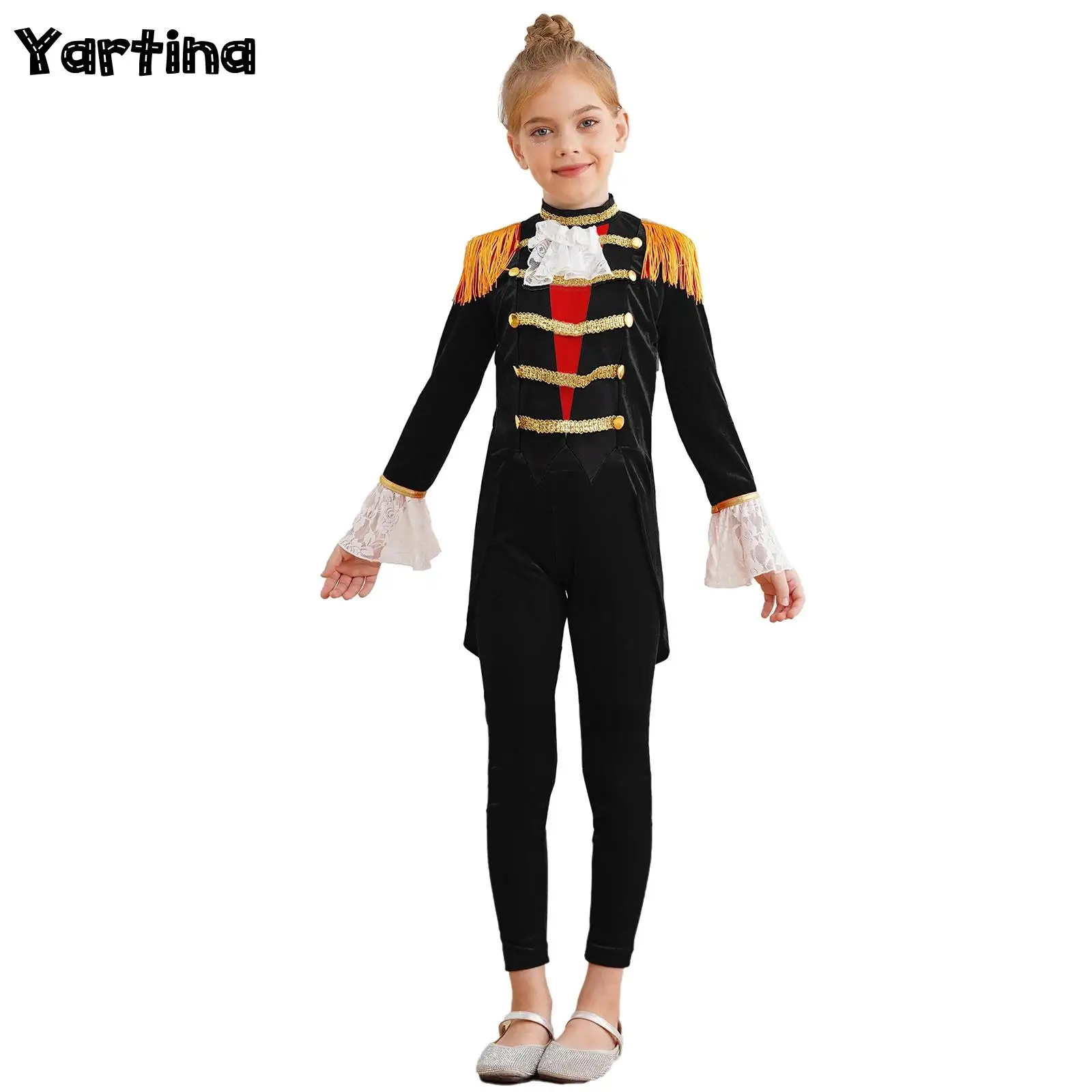 

Kids Girls Boys Circus Ringmaster Magician Lion Tamer Halloween Cosplay Costume Lace Cuffs Fringe Epaulet Tailcoat And Pants Set