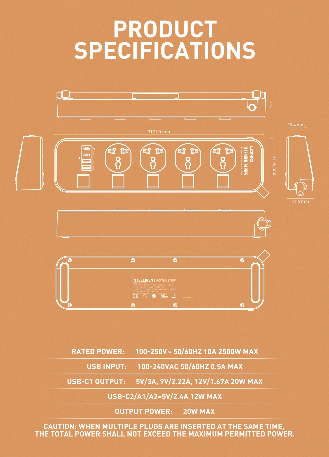 LDNIO Extension Multiple Universal Ruler Outlet UK US EU Plug 2M Electric Extension Board With Usb C Switch Socket Power Strips