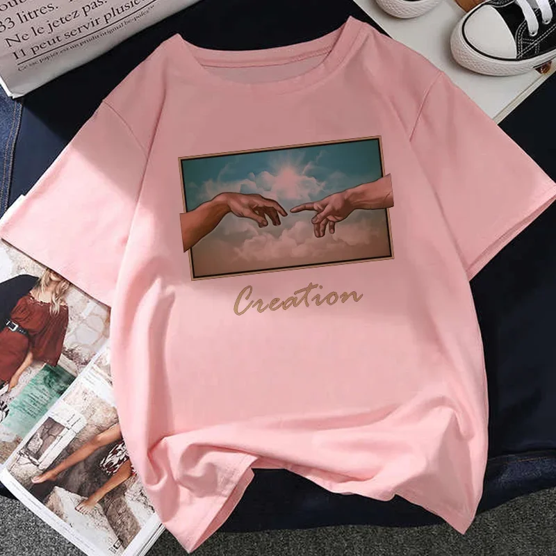 여성용 오버사이즈 티셔츠, 미켈란젤로 프린트, 얼짱 미학 티셔츠, 하라주쿠, 2021 여름, 핑크 드로잉 반팔, O넥 탑