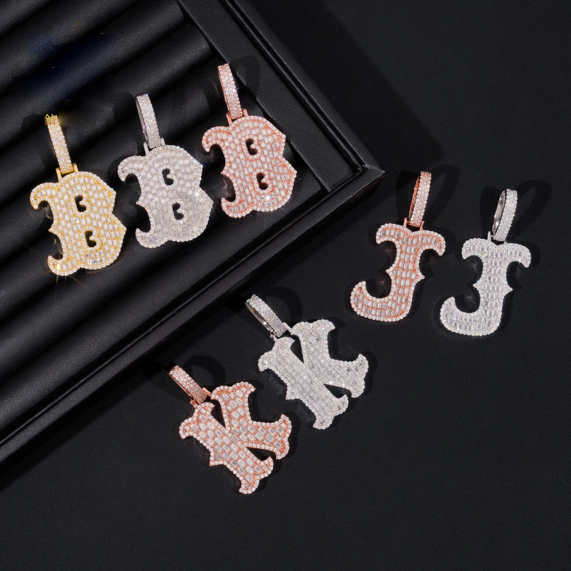Hiphop Iced Out Baguette Cut Moissanite Letter Pendant 925 Sterling B K J Miami Cuban Letters Pendant Necklace Men Pass Tester