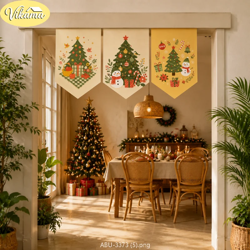 VIKAMA Christmas Triangular Bunting—Hand-painted Triangular Banners with Cute Snowman and Christmas Tree Prints, Home Decor