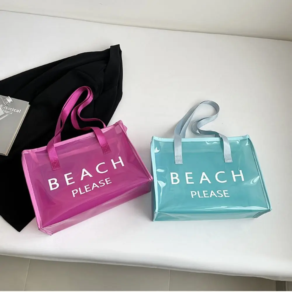 Cute PVC Transparent Tote Bag Waterproof Zipper Jelly Handbag Reusable Storage Bag Letter Shoulder Bag Sports
