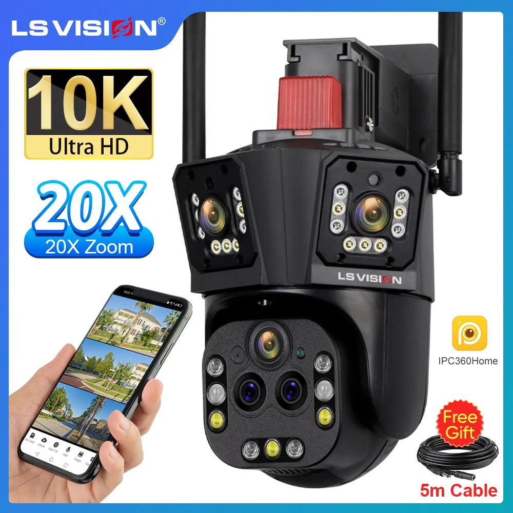 LS VISION 야외 와이파이 IP 카메라, 양방향 대화, 방수 자동 추적 CCTV 카메라, 20MP 20X 줌, 3 스크린, 10K PTZ, 5 렌즈