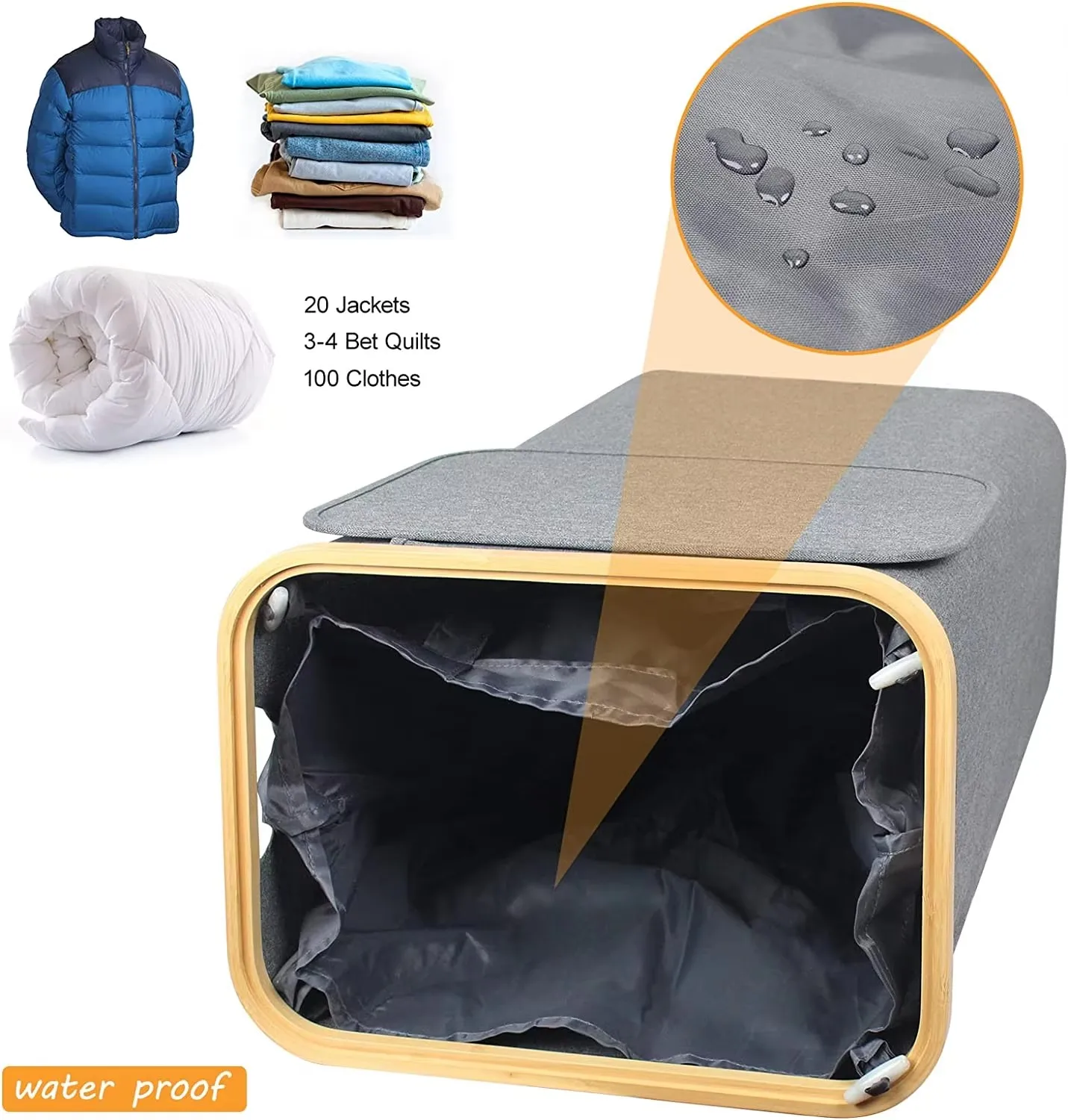 Laundry Basket with Lid and Removable Bag, 100L Tall Laundry Hamper with Bamboo Handles, Dirty Clothes Bin for Laundry Room 5