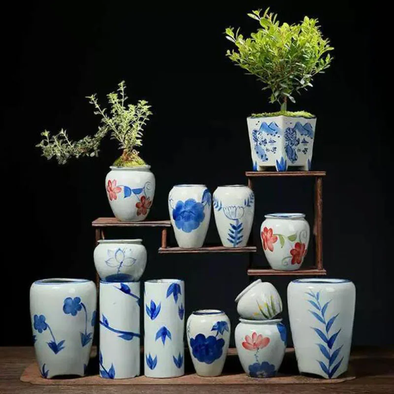 Porcelain Handpainted Floral Pattern Succulent Plant Pot Flower Pot Indoor Planter Vase Garden Home Decor