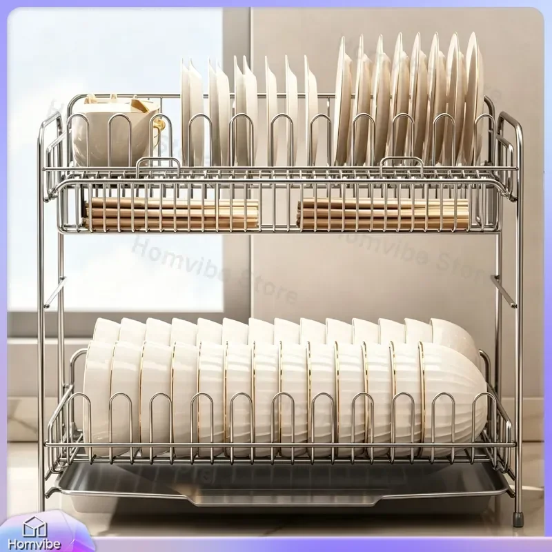 Stainless Steel Double Dish Rack for Kitchen Sink Drain Household Storage Countertop Organizer No Installation Required