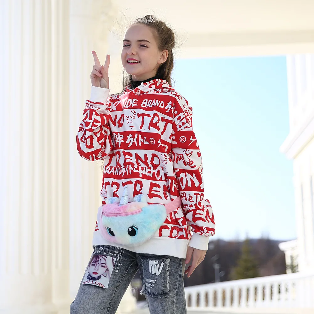 Bolso de hombro de felpa de dibujos animados para niños, riñonera con estampado de unicornio, bolso de pecho bonito para niña, bolsos cruzados, bolsos de pecho para niños, monedero