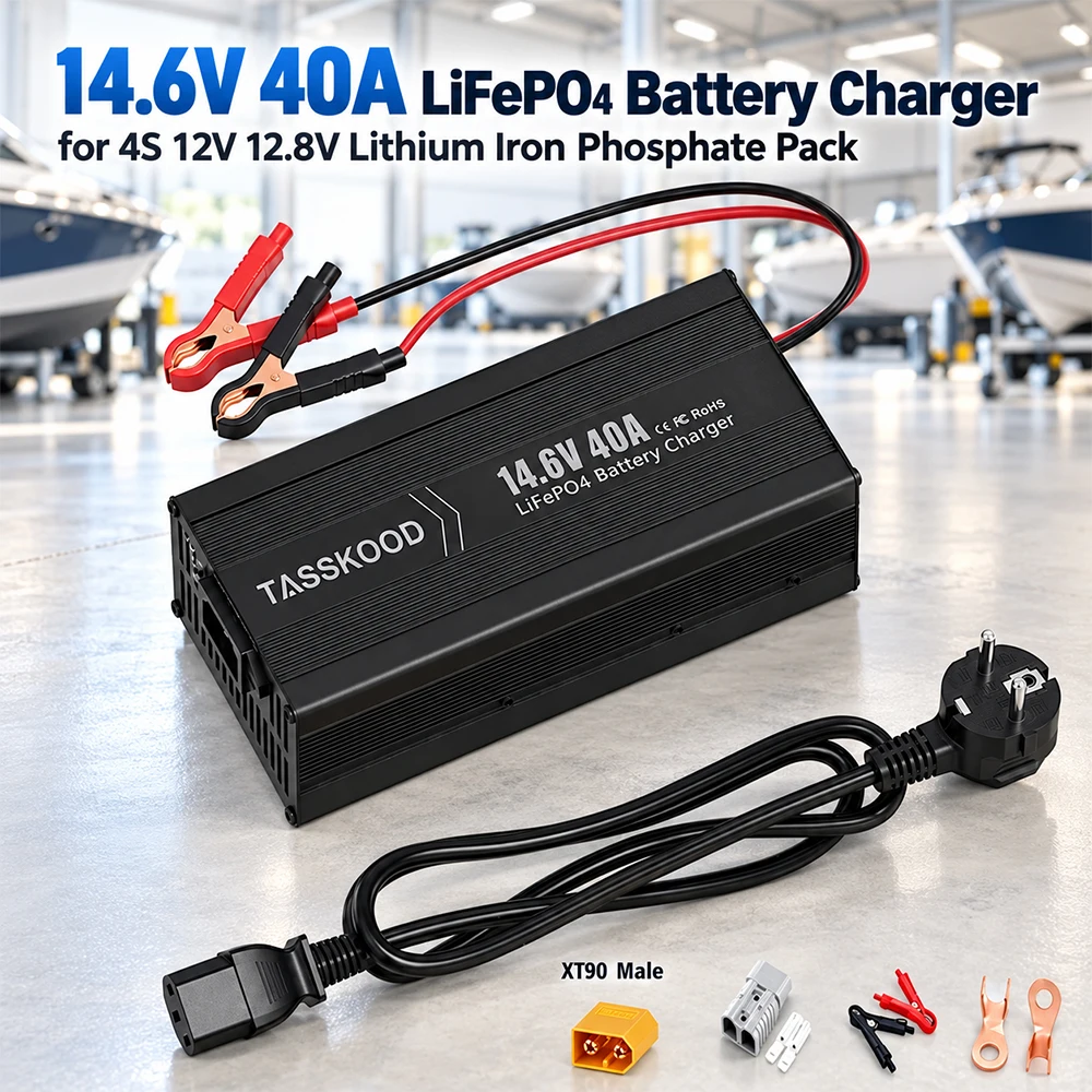 14.6V 40A LiFePO4 Battery Charger for 12V/12.8V Batteries, Smart AC-DC Charging and Maintenance with Built-in Safety Protections