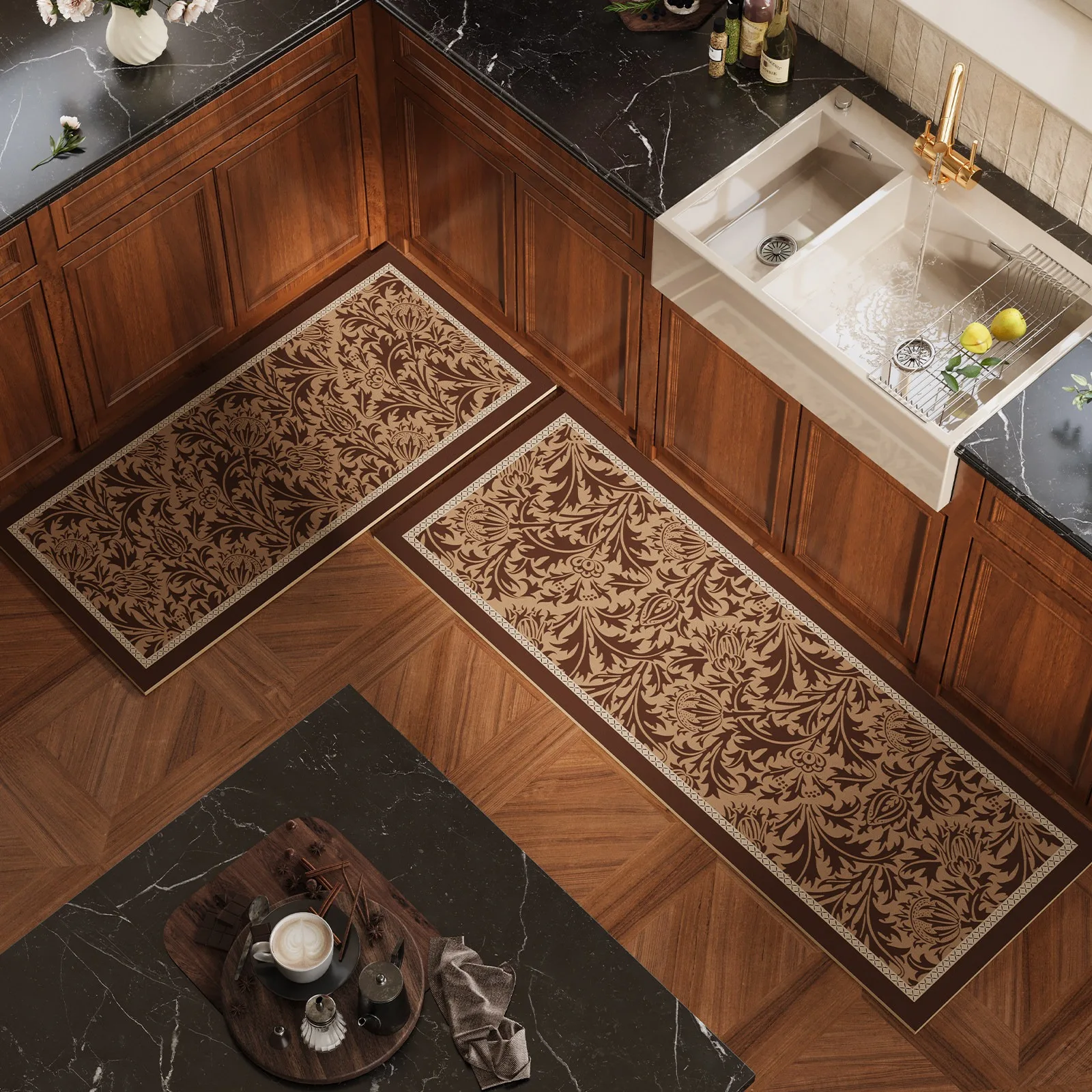 Retro Brown Floral Kitchen Floor Mats Non-slip Carpet Waterproof Oil-proof PVC Leather Washable Long Rug 러그 Alfombras De Cocina