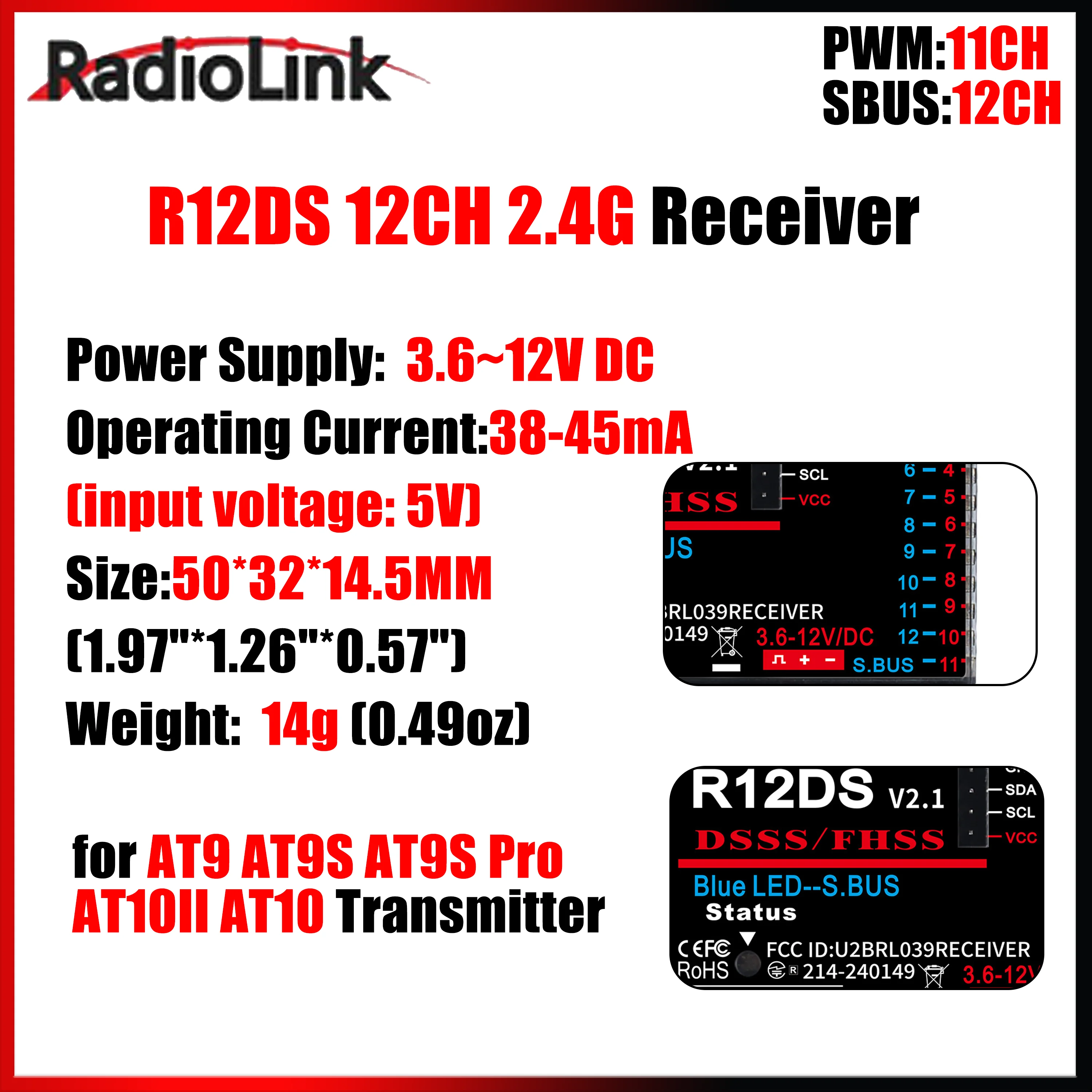 

Радиоприемник Radiolink R12DS 12-канальный DSSS & FHSS с поддержкой сигналов SBUS/PWM, 3.6-12В для радиоуправляемых моделей автомобилей и самолетов, совместим с передатчиками AT9, AT9S, AT10, AT10II