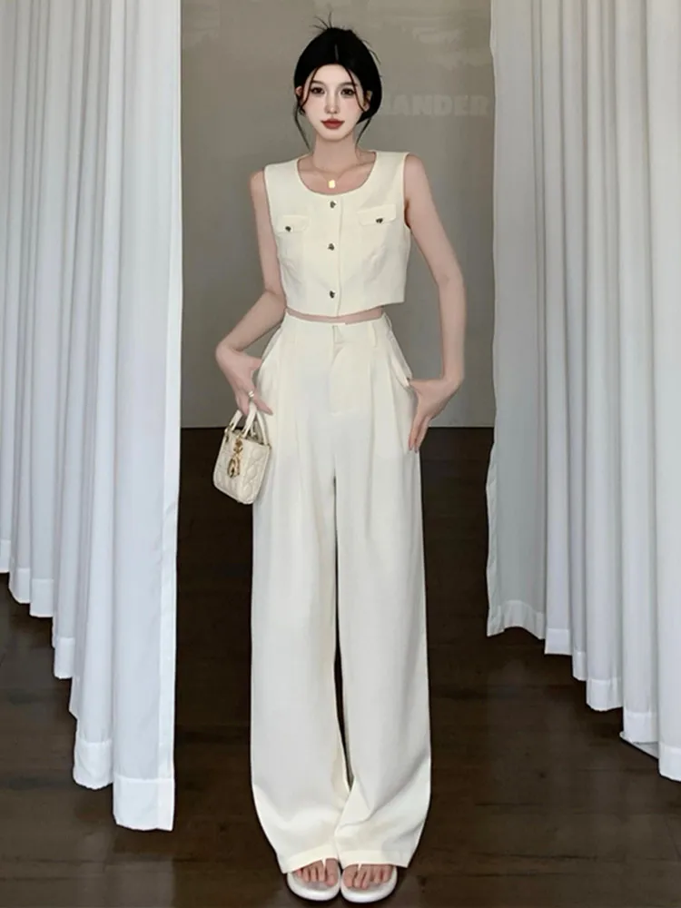 High Street Trousers Suits FemaleKorean Fashion Sleeveless Crop Top Wide legt Pants Set Small fragrance 2 Piece Sets Women