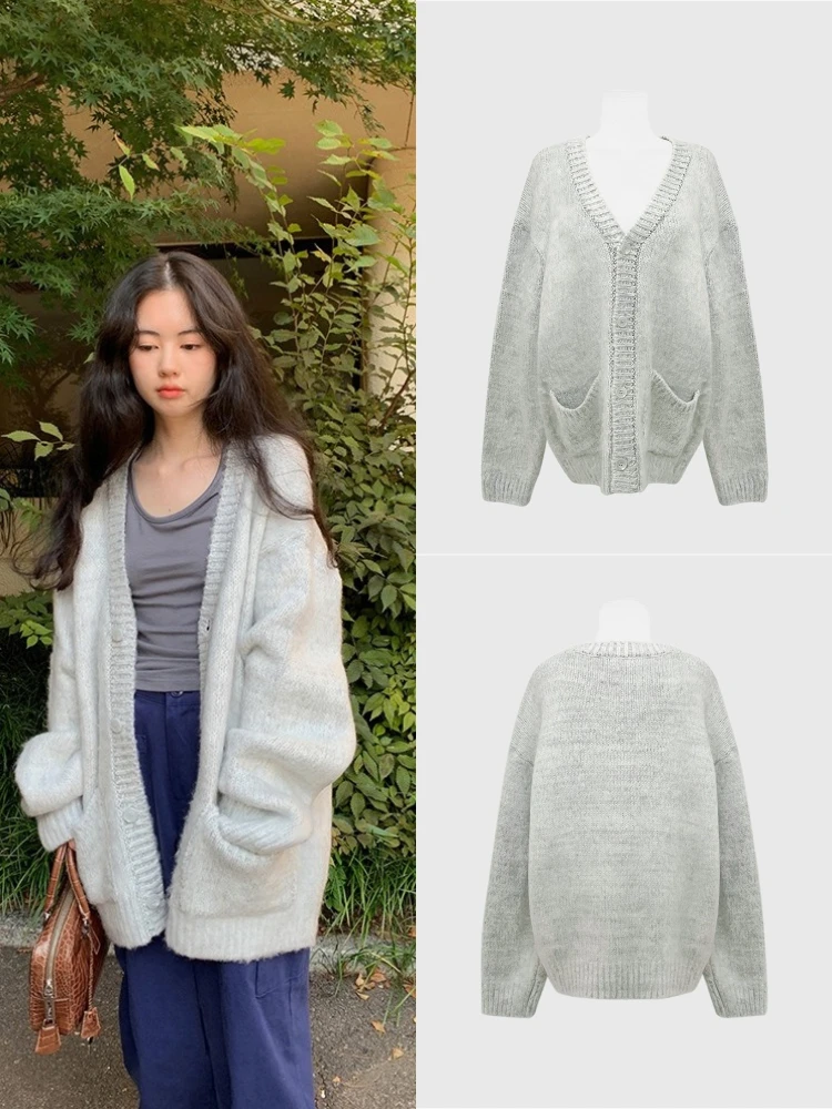 

Мягкий уютный ленивый вязаный открытый кардиган, свободный крой, универсальный осенне-зимний женский свободный трикотаж средней длины